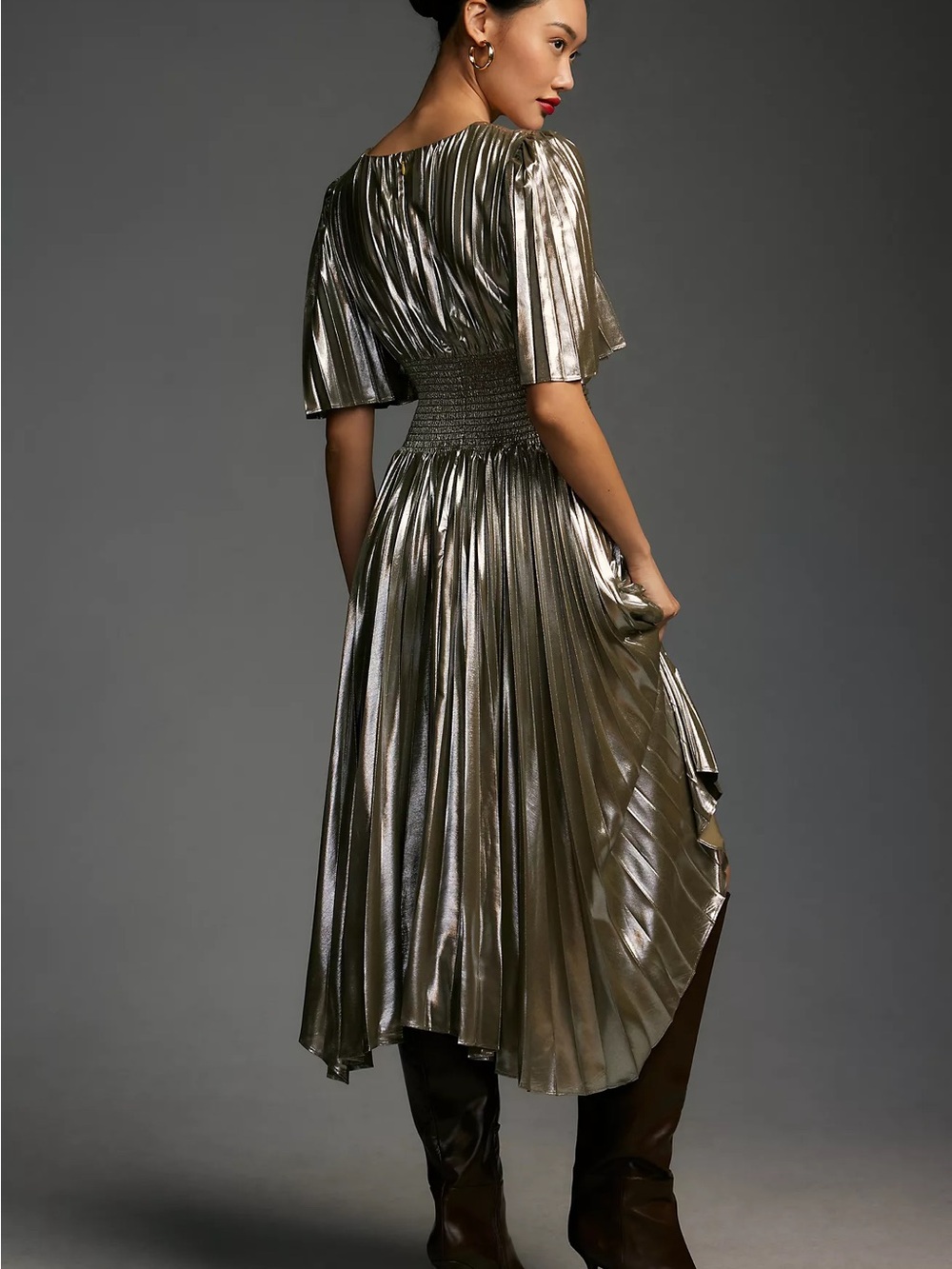 Anthropologie Short Sleeve Metallic Metallic Cutout Midi Dress - Picture 2 of 6